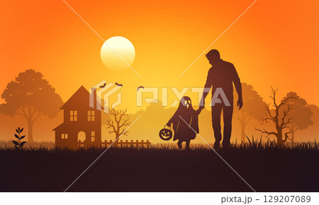 Halloween silhouette of father and daughter walking with sunset background Halloween silhouette of father and daughter walking with sunset background 129207089