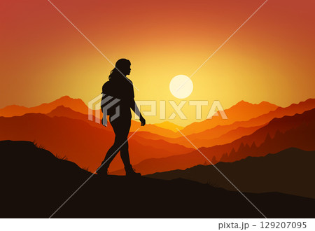 Woman Hiking in the Mountains at Sunset - Scenic Silhouette Vector Art 129207095