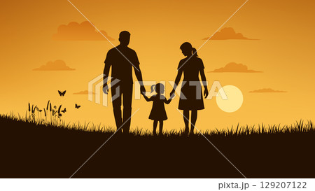 Silhouette of a happy family walking hand in hand during sunset in nature Silhouette of a happy family walking hand in hand during sunset in nature 129207122