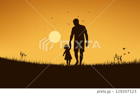 Father and Daughter Walking in Sunset Silhouette Father and Daughter Walking in Sunset Silhouette 129207123