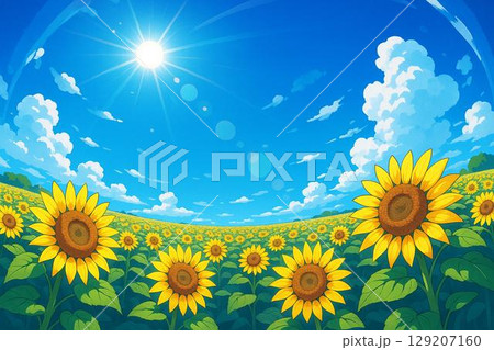 魚眼レンズ　ヒマワリ畑 129207160