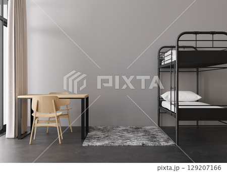 A contemporary hostel interior showcases a clean and minimalistic design. Cheap travel, budget accommodation. 3D rendering. 129207166