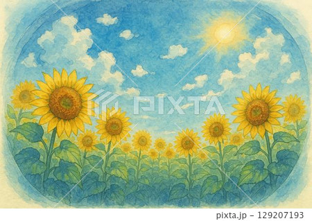 魚眼レンズ　ヒマワリ畑 129207193