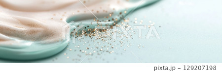 A smooth gradient transitions from deep emerald green to soft pastel mint, creating a calming backdrop. Subtle gold dust particles add elegance, leaving a clear center for text display 129207198