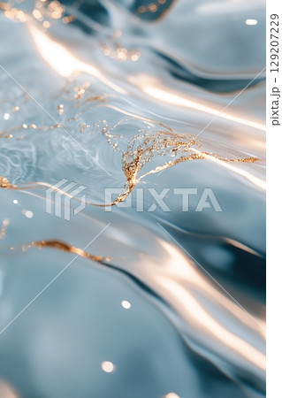 A smooth blue water surface glimmers with delicate gold streaks and shimmering reflections, evoking a high-end, luxurious feel while providing ample branding space A smooth blue water surface glimmers with delicate gold streaks and shimmering reflections, evoking a high-end, luxurious feel while providing ample branding space 129207229
