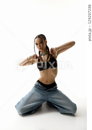 beautiful girl with braids.  hip-hop style dancer 129207286