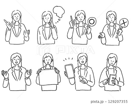 携帯電話を、紙、タブレットを持ったスーツの女性、セット、線画 129207355