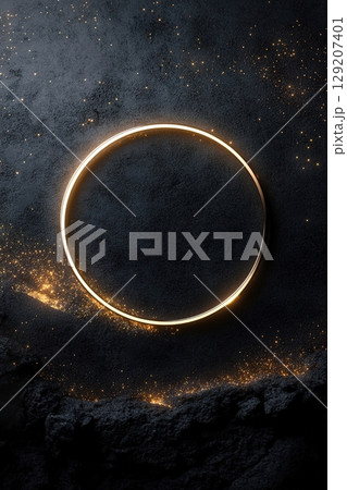 A deep-black background showcases scattered shimmering gold stars, while a glowing celestial ring at the center creates a stunning frame for a brand logo, evoking a sense of luxury and mystery 129207401