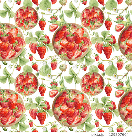 Strawberry berries leaves served on ceramic dish, hand drawn in watercolor, ripe picked pineberry strasberry harvest. Isolated seamless pattern tile. Wallpaper, food packaging, farmers market grocery Strawberry berries leaves served on ceramic dish, hand drawn in watercolor, ripe picked pineberry strasberry harvest. Isolated seamless pattern tile. Wallpaper, food packaging, farmers market grocery 129207604