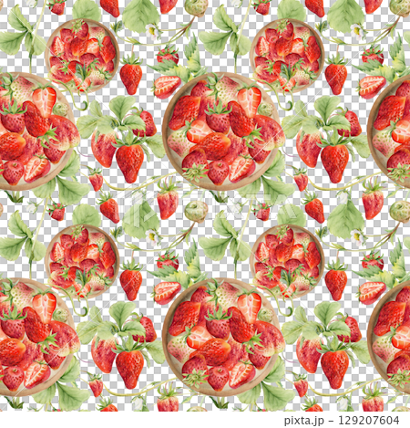 Strawberry berries leaves served on ceramic dish, hand drawn in watercolor, ripe picked pineberry strasberry harvest. Isolated seamless pattern tile. Wallpaper, food packaging, farmers market grocery Strawberry berries leaves served on ceramic dish, hand drawn in watercolor, ripe picked pineberry strasberry harvest. Isolated seamless pattern tile. Wallpaper, food packaging, farmers market grocery 129207604