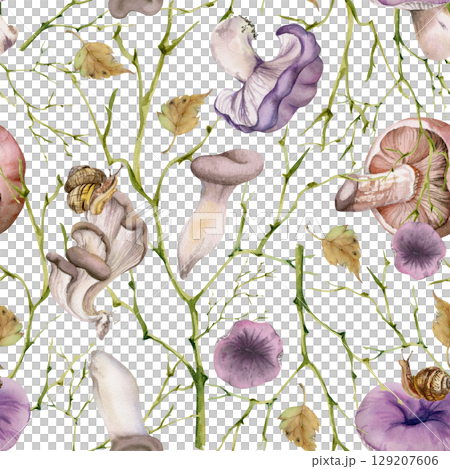 Russula webcap hiratake oyster mushroom, fallen autumn leaves snails. Fungi nature seamless pattern hand drawn in watercolor. Brambles, twisting branches twigs. Linens tablecloth gift wrapping paper 129207606