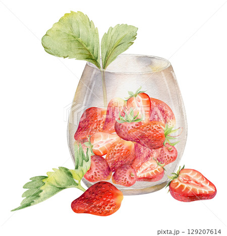 Strawberry full and cut in half served in glass with leaves, ripe picked berry pineberry strasberry snakeberry harvest. Isolated illustration hand drawn in watercolor. Farmers market grocery preserves Strawberry full and cut in half served in glass with leaves, ripe picked berry pineberry strasberry snakeberry harvest. Isolated illustration hand drawn in watercolor. Farmers market grocery preserves 129207614