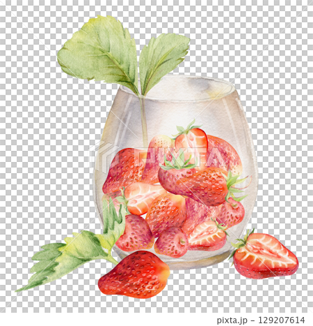 Strawberry full and cut in half served in glass with leaves, ripe picked berry pineberry strasberry snakeberry harvest. Isolated illustration hand drawn in watercolor. Farmers market grocery preserves Strawberry full and cut in half served in glass with leaves, ripe picked berry pineberry strasberry snakeberry harvest. Isolated illustration hand drawn in watercolor. Farmers market grocery preserves 129207614