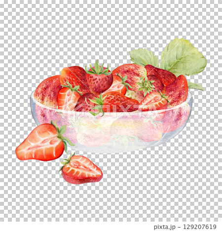Strawberry berries leaves full and cut in half served in glass bowl, ripe picked garden pineberry strasberry harvest. Isolated illustration hand drawn in watercolor. Farmers market grocery preserves Strawberry berries leaves full and cut in half served in glass bowl, ripe picked garden pineberry strasberry harvest. Isolated illustration hand drawn in watercolor. Farmers market grocery preserves 129207619