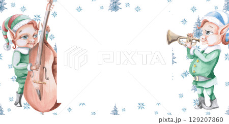 Rectangular frame with Christmas elves-musicians on the background of a winter forest. Isolated watercolor illustration in a realistic style for decorating invitations, labels, cards and posters. 129207860