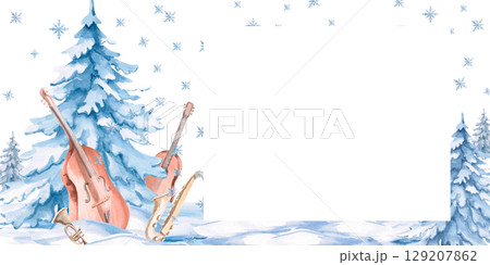 Rectangular frame with musical instruments against the background of a winter forest. Isolated watercolor illustration in a realistic style for decorating invitations, labels, postcards and posters. Rectangular frame with musical instruments against the background of a winter forest. Isolated watercolor illustration in a realistic style for decorating invitations, labels, postcards and posters. 129207862