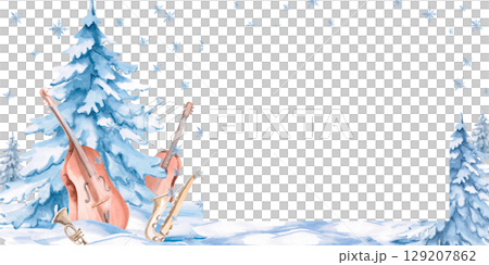 Rectangular frame with musical instruments against the background of a winter forest. Isolated watercolor illustration in a realistic style for decorating invitations, labels, postcards and posters. 129207862