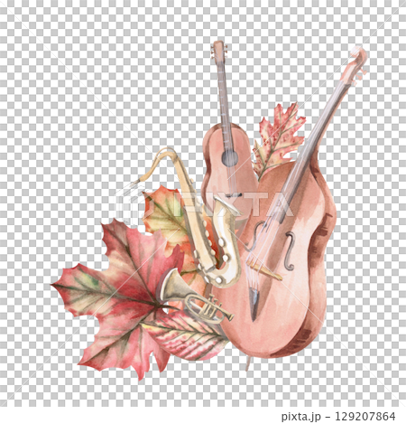 Quartet of musical instruments in autumn leaves. Isolated watercolor illustration of a musical instrument in a realistic style for designing invitations, labels, cards and posters. Quartet of musical instruments in autumn leaves. Isolated watercolor illustration of a musical instrument in a realistic style for designing invitations, labels, cards and posters. 129207864