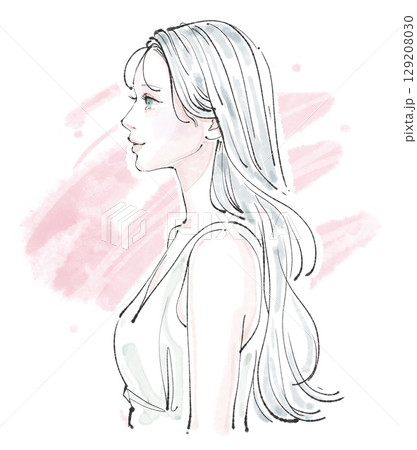 水彩画・手描きの女性・女の子のイラスト素材 129208030