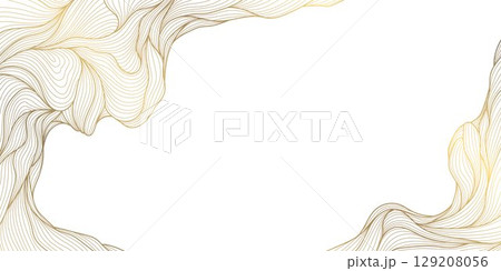 Vector japanese line gold cloud background, corners curve vintage design. Wave chinese illustration, oriental organic decoration, abstract fancy pattern Vector japanese line gold cloud background, corners curve vintage design. Wave chinese illustration, oriental organic decoration, abstract fancy pattern 129208056