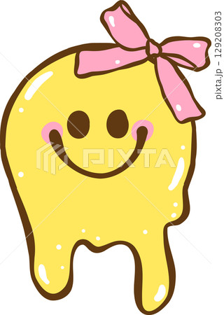 Messy Coquette, Cute yellow melting  smiley smiling face icon with ribbon bow Doodle Hand Drawn 129208303