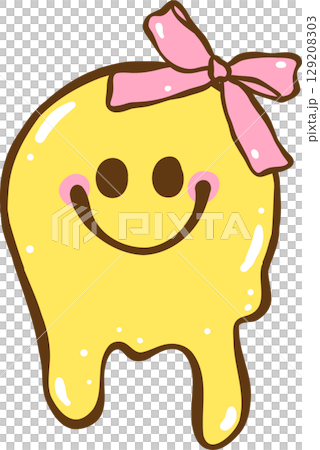 Messy Coquette, Cute yellow melting  smiley smiling face icon with ribbon bow Doodle Hand Drawn 129208303