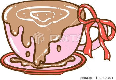 Messy Coquette, Cute yellow melting  smiley smiling face icon with ribbon bow Doodle Hand Drawn 129208304