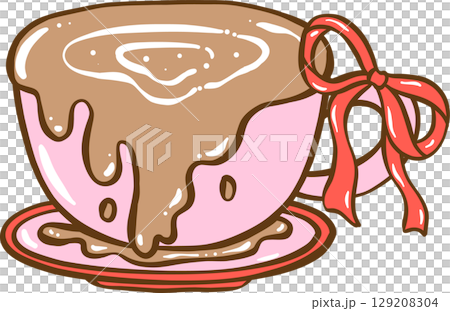 Messy Coquette, Cute yellow melting  smiley smiling face icon with ribbon bow Doodle Hand Drawn 129208304