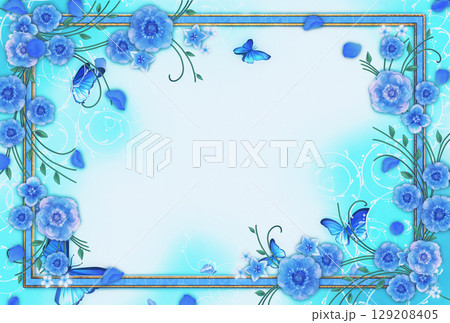青い薔薇と蝶の装飾フレーム 129208405