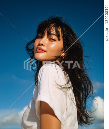 白いTシャツの女性と夏の海｜笑顔が映える爽やかなビーチポートレート 129208594