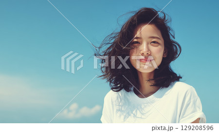 白いTシャツの女性と夏の海｜笑顔が映える爽やかなビーチポートレート 129208596