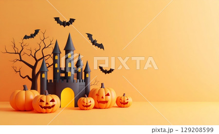 Spooky Halloween night background with pumpkins, bats, and a dark tree silhouette against a full moon Spooky Halloween night background with pumpkins, bats, and a dark tree silhouette against a full moon 129208599