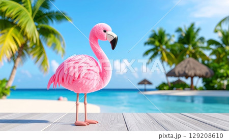 A pink flamingo fur doll in the clear water near a sandy beach, showcasing its elegant neck and beautiful feathers 129208610