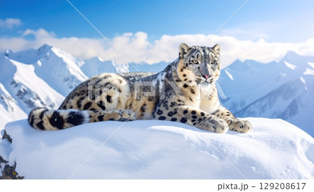 Close-up portrait of a majestic snow leopard, a wild feline predator, perched on a snowy rock Close-up portrait of a majestic snow leopard, a wild feline predator, perched on a snowy rock 129208617