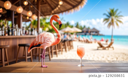 Pink flamingo bird on a tropical beach in the summer sun, a vector illustration of a flamingo silhouette by the sea 129208631