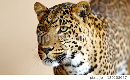 Close-up portrait of a wild leopard's face, highlighting its fierce eyes and spotted fur 129208637
