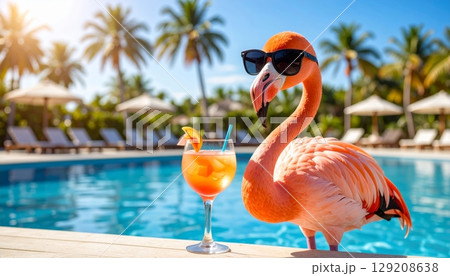 A pink flamingo wades in the clear water, its elegant neck and beak highlighted in the tropical sun A pink flamingo wades in the clear water, its elegant neck and beak highlighted in the tropical sun 129208638
