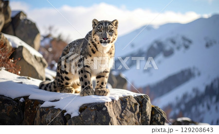 A spotted snow leopard and a snowy owl, both majestic predators, are captured in their wild, mountainous, and snowy habitats A spotted snow leopard and a snowy owl, both majestic predators, are captured in their wild, mountainous, and snowy habitats 129208643