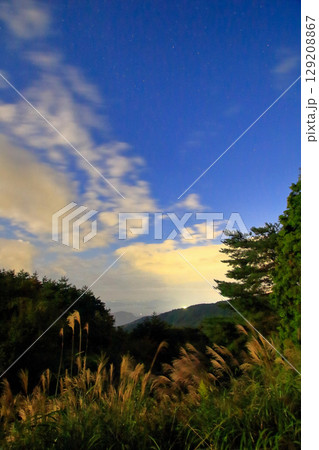 月明かりに浮かぶ ススキと瀬戸内海(野呂山) 129208867