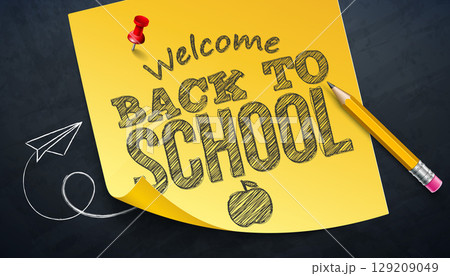 Back to School Illustration with Graphite Pencil on Sticky Notes and Hand Drawn Typography Lettering on Chalkboard Background. Vector Education, Learning and Knowledge Illustration with Hand Drawn 129209049