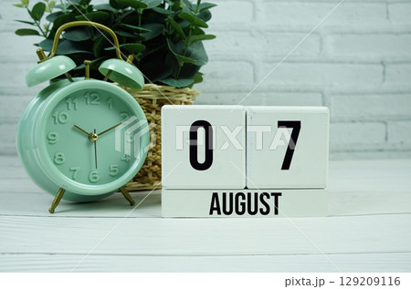 Wooden Calendar Showing the Date of August 7th. Day 7 of August month Wooden Calendar Showing the Date of August 7th. Day 7 of August month 129209116