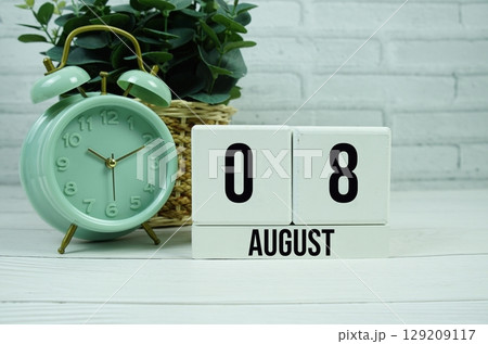 Wooden Calendar Showing the Date of August 8th. Day 8 of August month Wooden Calendar Showing the Date of August 8th. Day 8 of August month 129209117