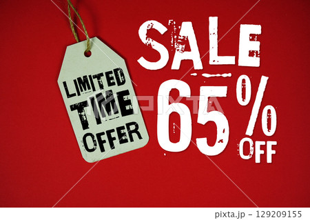 Sale 65% Off and Limited Time offer with Price Tag on red background Sale 65% Off and Limited Time offer with Price Tag on red background 129209155