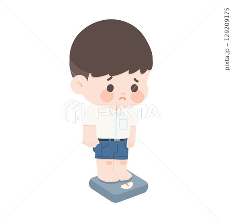 Cartoon of Sad Boy on Scale Cartoon of Sad Boy on Scale 129209175