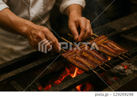 うなぎをのかば焼きを炭火で焼き上げる職人のクローズアップ、ウナギの串焼き 129209296