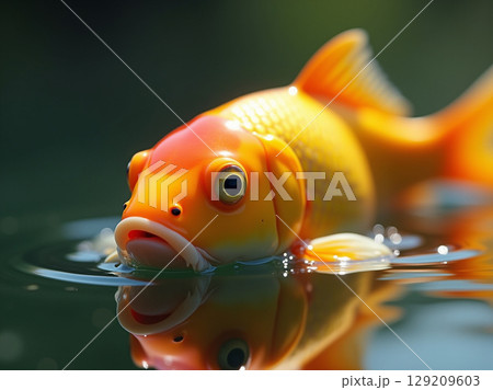 Close-up Macro of a Golden Koi Fish at the Water's Edge 129209603