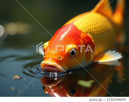 Detailed Close-up of a Goldfish Head Emerging from the Water 129209604