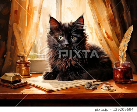 窓辺の木製デスクに座る黒猫と羽ペンや手紙が並ぶレトロなイラスト 129209694