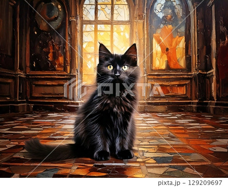 荘厳な大広間の床に座る黒猫とステンドグラスが輝くクラシックなイラスト 129209697