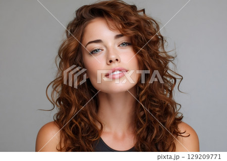 Portrait of attractive young woman with long auburn curly hair showing confidence and beauty 129209771